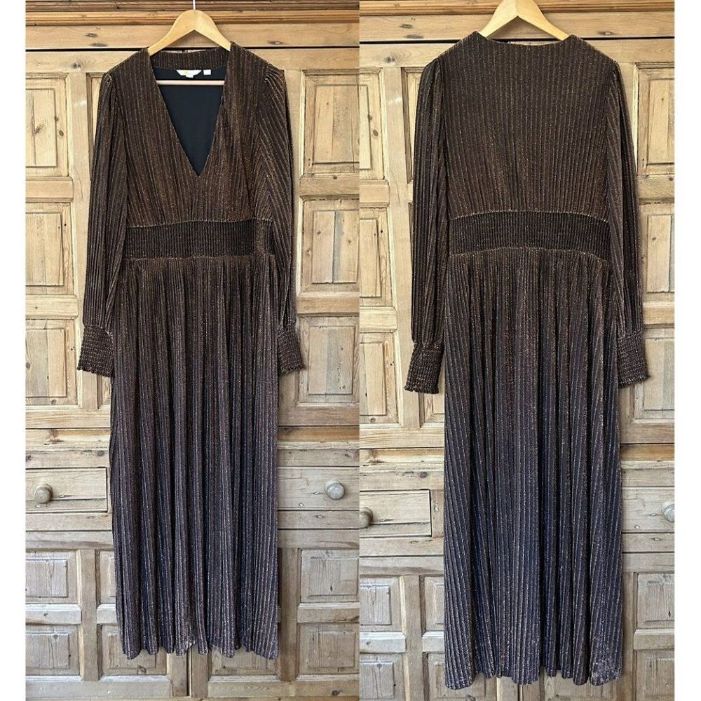 Boden 22 Regular Metallic Dress Maxi Black Gold Plus V-Neck Pleated Long Sleeve‎